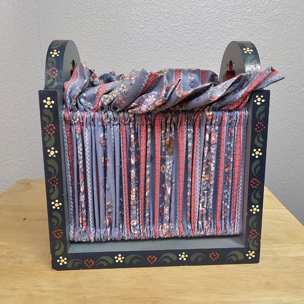 Vintage Hand Painted Wooden Fabric Holder Sewing Basket Blue Floral Folk Art